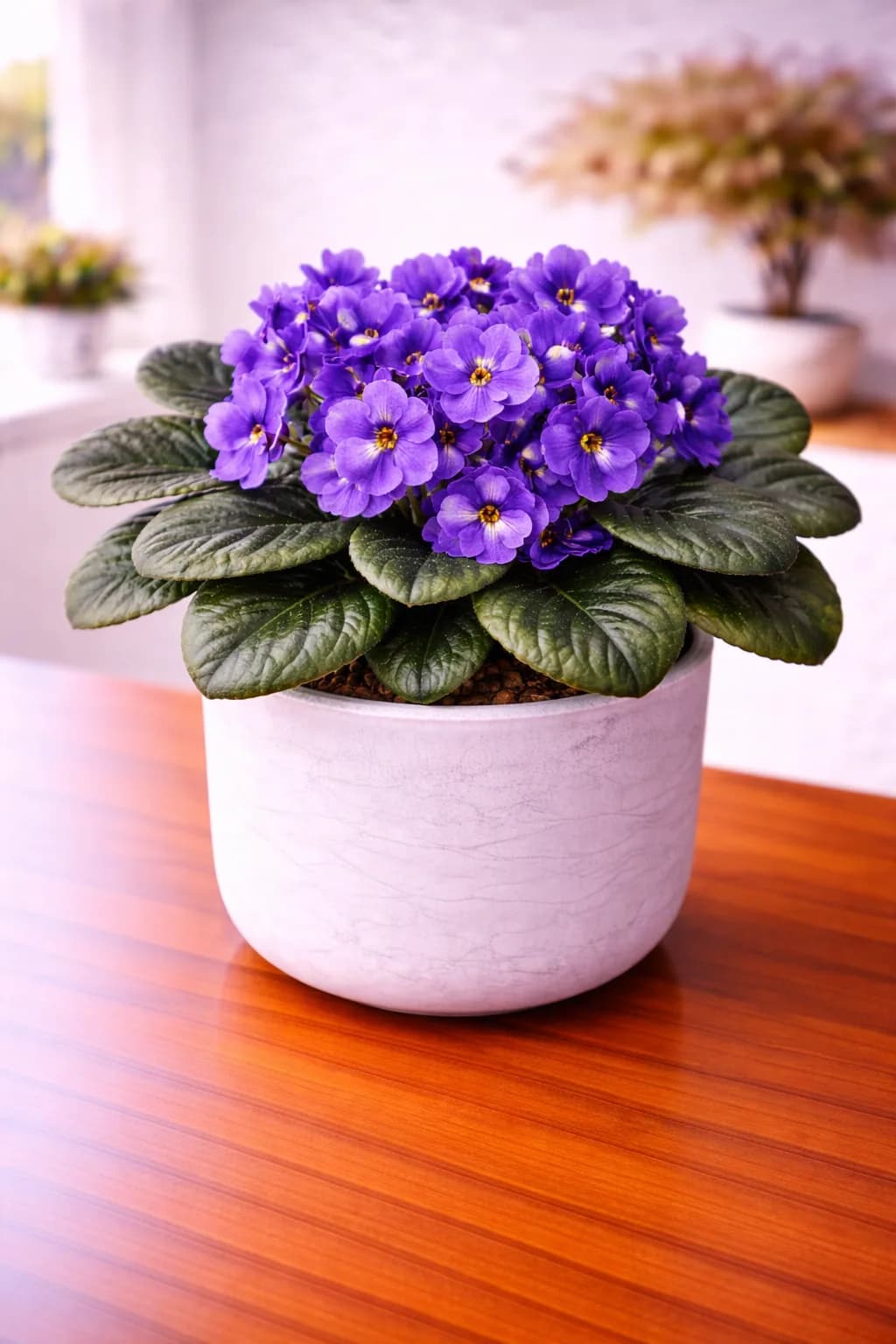 African violet with purple blooms