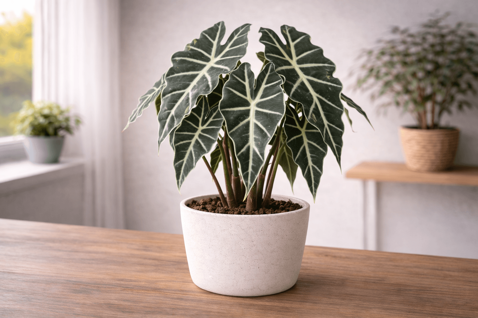 Alocasia plant with large arrow-shaped leaves in soft light