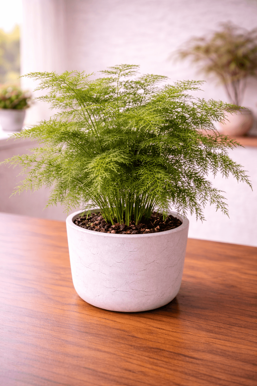 Asparagus fern with delicate feathery green fronds in a decorative pot