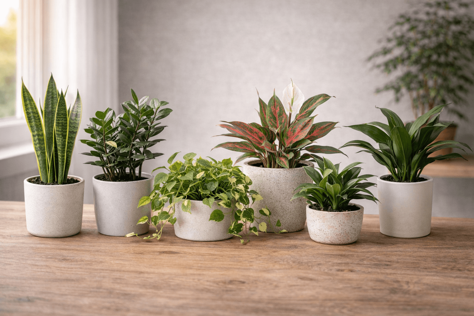 Lush green houseplants thriving in a dimly lit corner of a room
