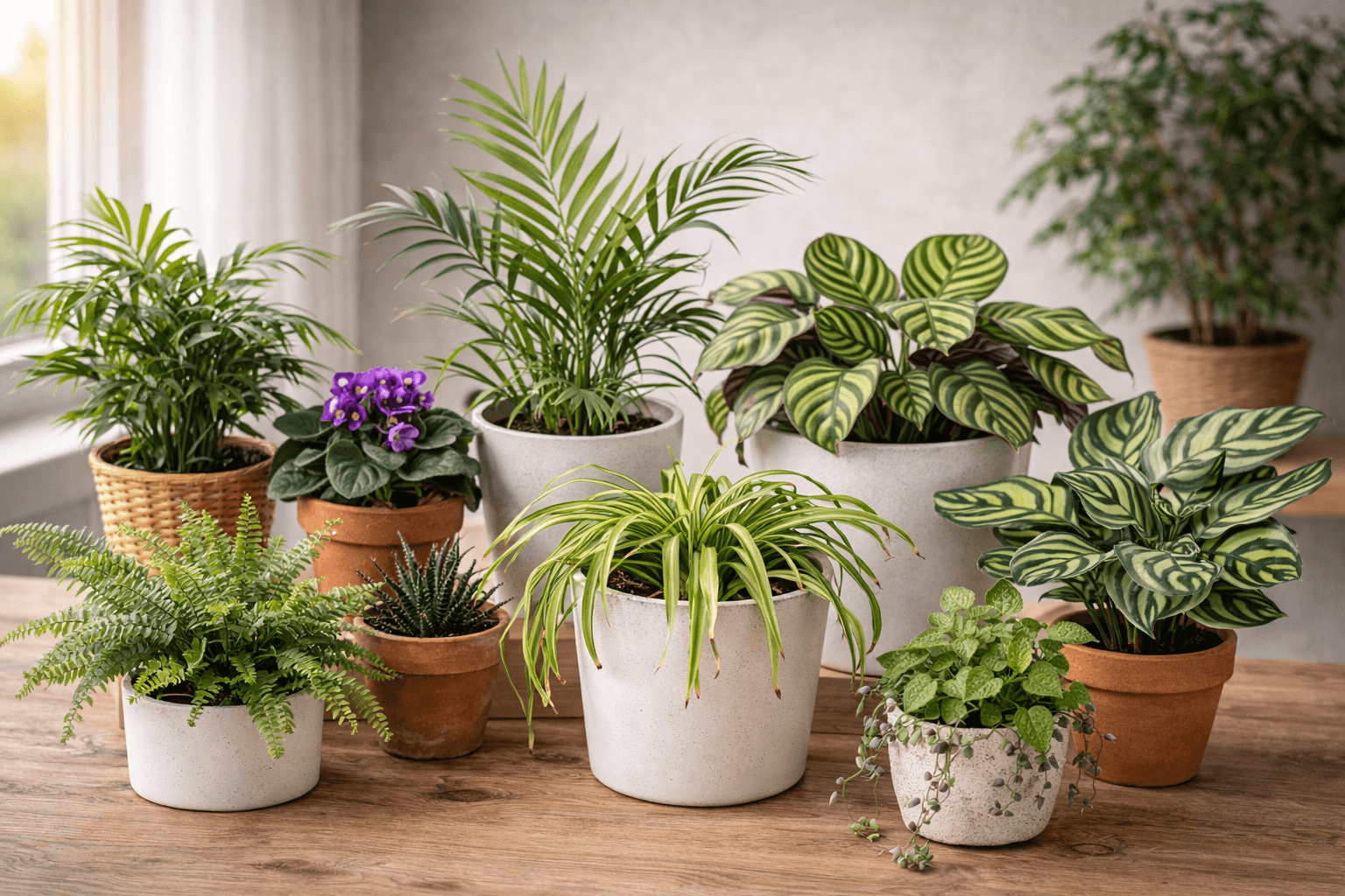 Collection of pet-safe houseplants including spider plant, Boston fern, and calathea