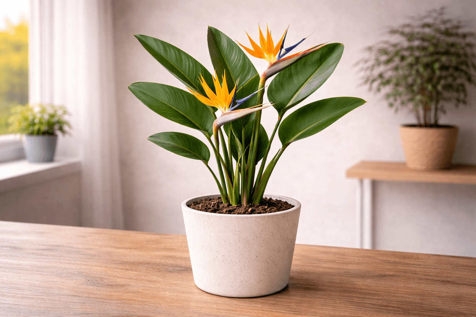 Bird of paradise plant with large tropical leaves in natural light