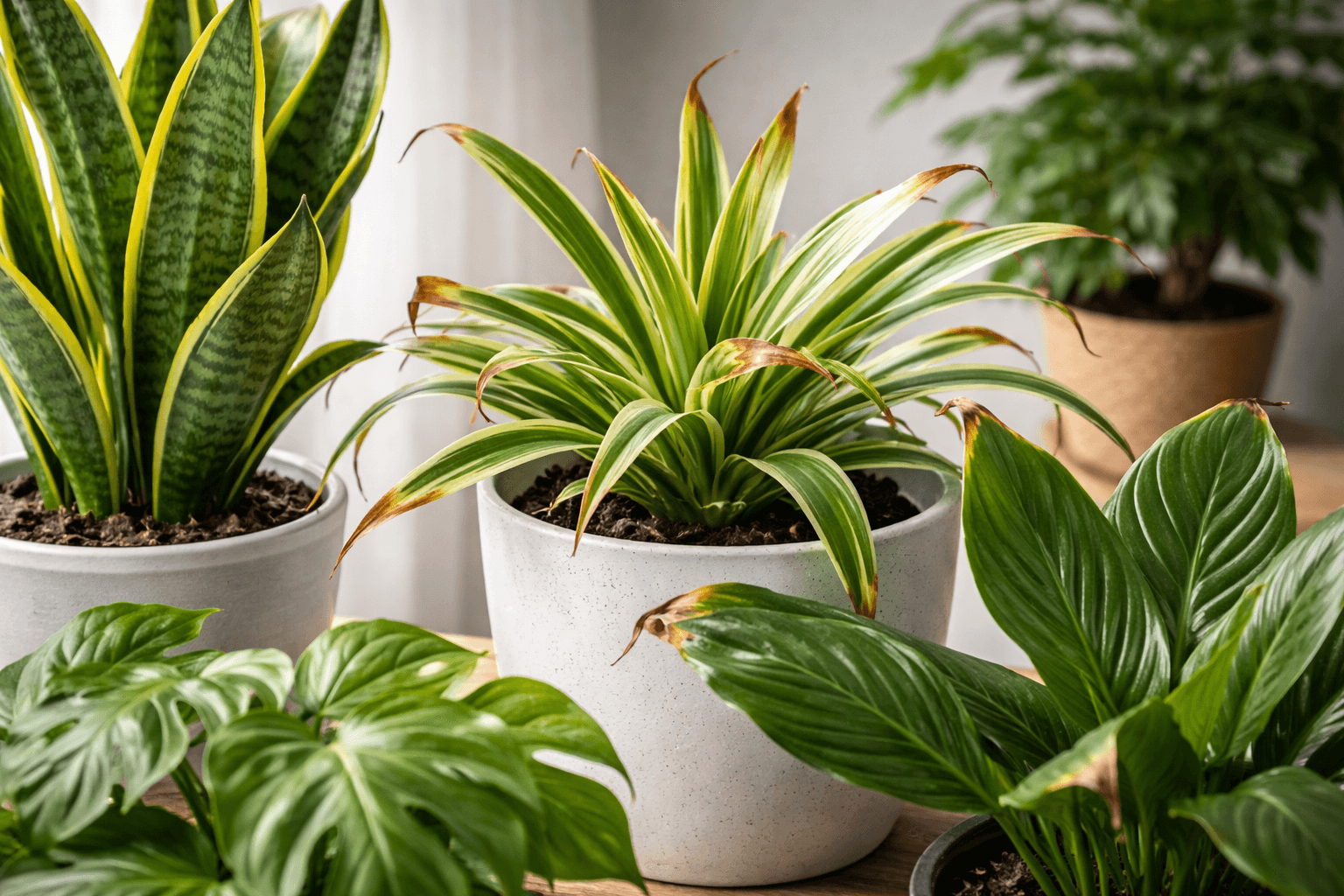 Houseplant leaf with crispy brown tips caused by low humidity