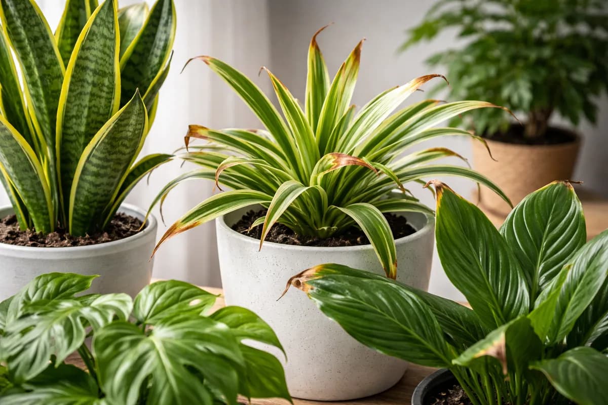 Houseplant leaf with crispy brown tips caused by low humidity