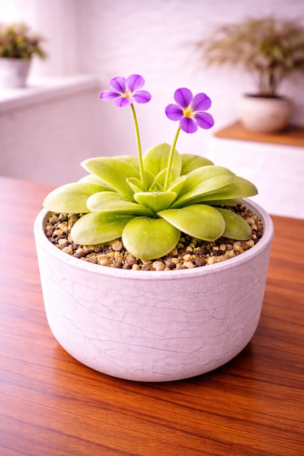 Butterwort carnivorous plant with glistening sticky leaves