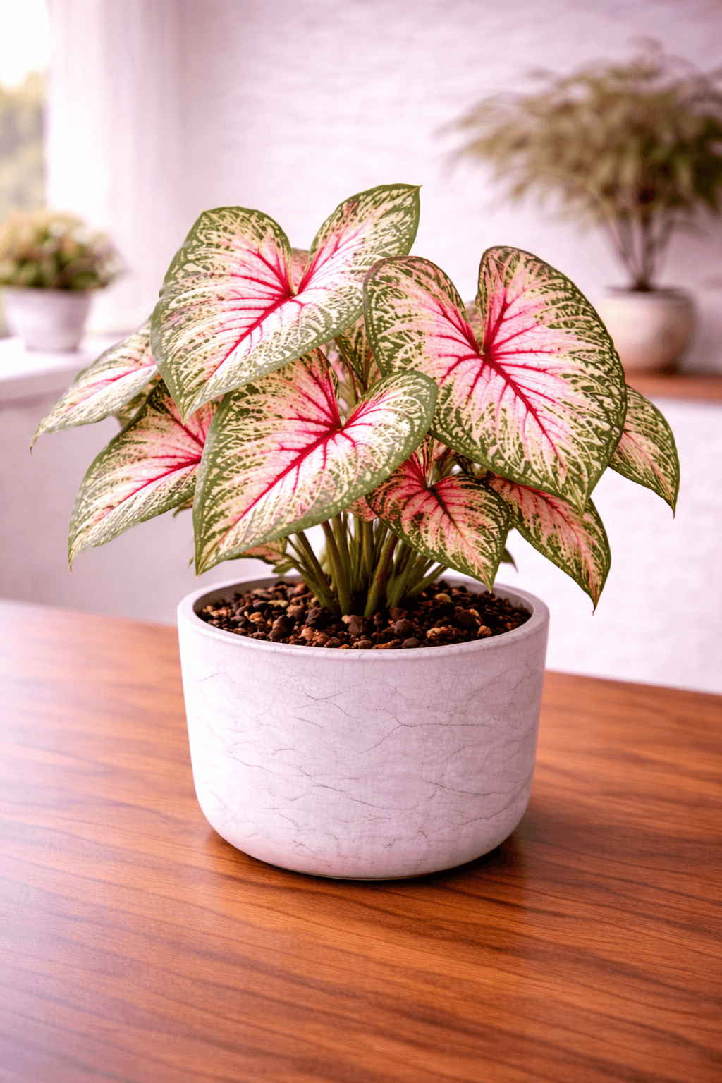 Caladium with large paper-thin leaves in dramatic pink, white, and green patterns