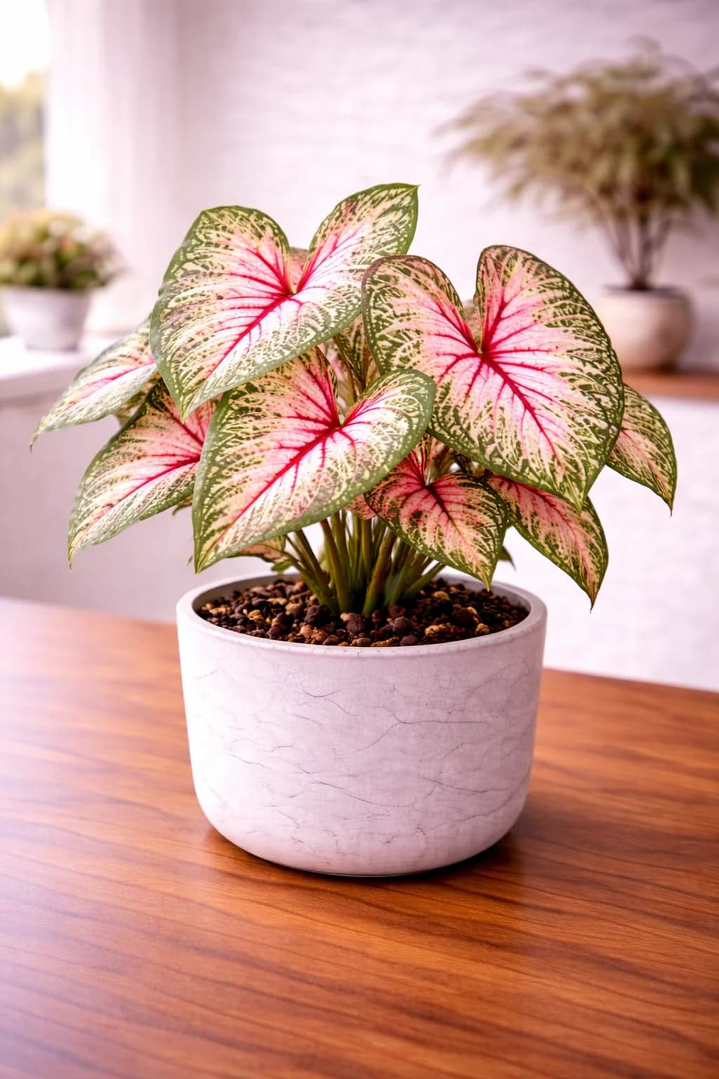 Caladium with large paper-thin leaves in dramatic pink, white, and green patterns
