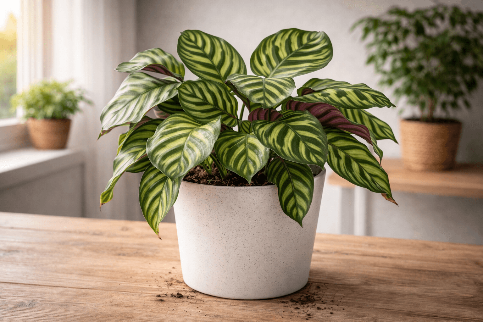 Calathea orbifolia with large round striped leaves in indirect light