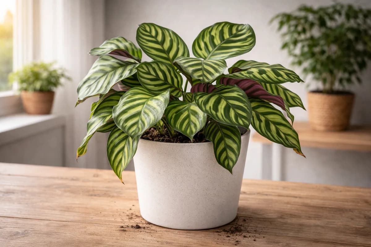 Calathea orbifolia with large round striped leaves in indirect light