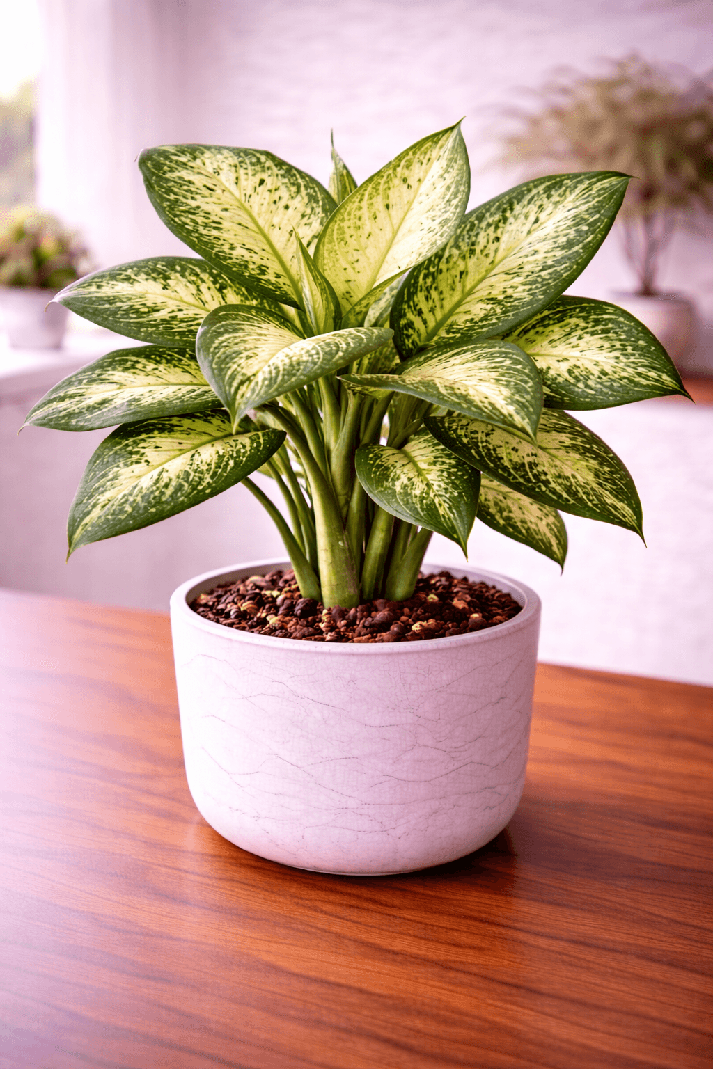 Dumb cane dieffenbachia with speckled green and cream leaves in a grey pot