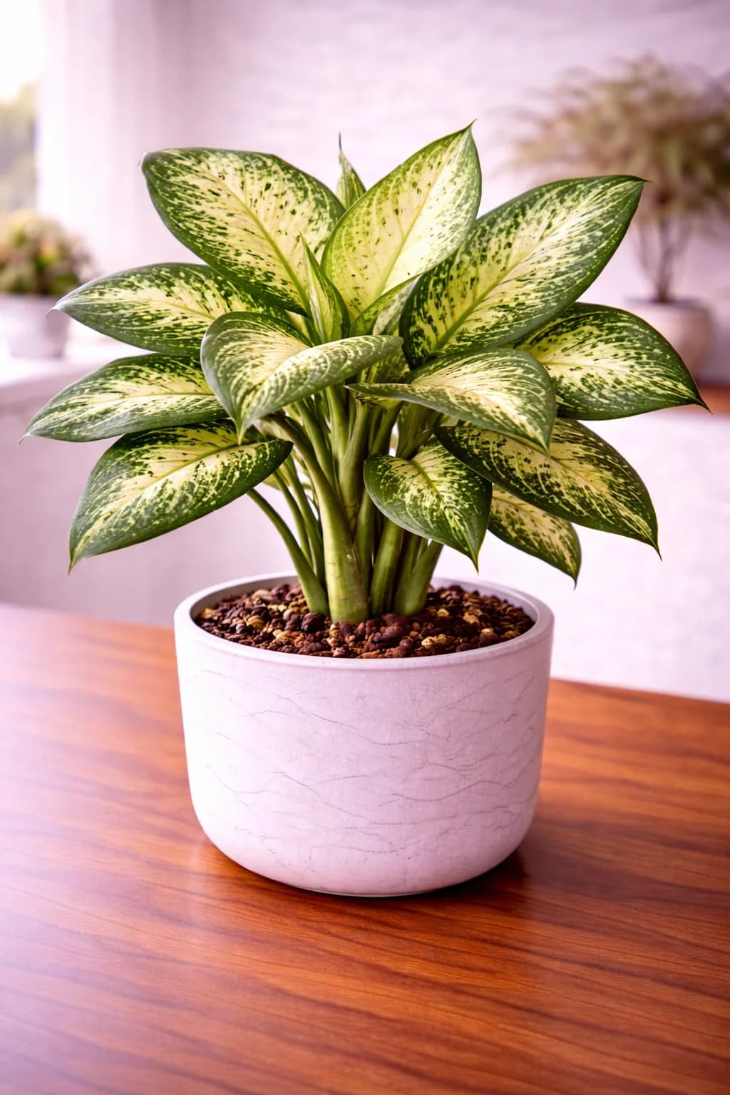 Dumb cane dieffenbachia with speckled green and cream leaves in a grey pot
