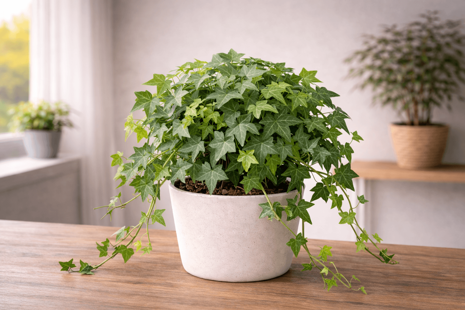 English ivy plant trailing on a wooden surface