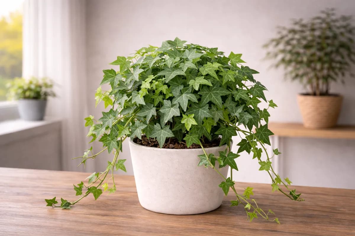 English ivy plant trailing on a wooden surface