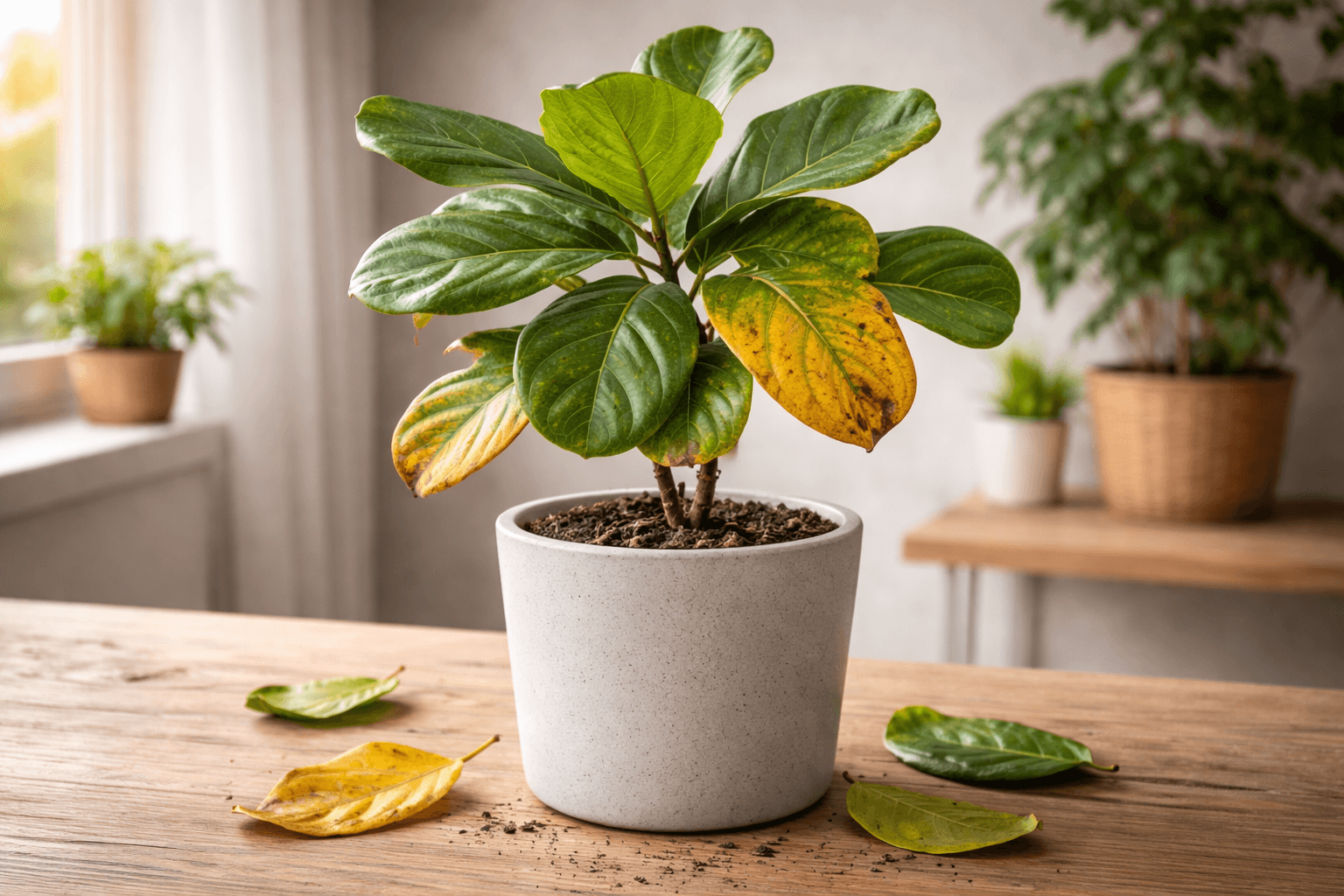 Fiddle leaf fig with yellowing leaves in a white pot