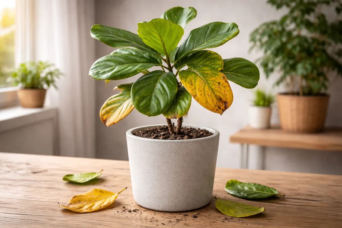 Fiddle leaf fig with yellowing leaves in a white pot