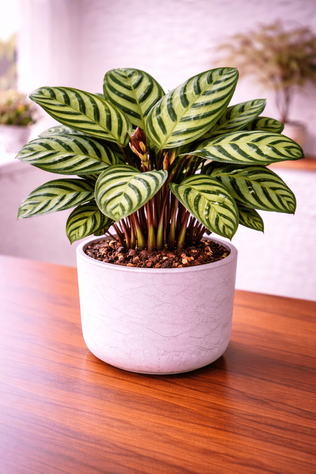 Fishbone prayer plant with patterned green leaves and purple undersides