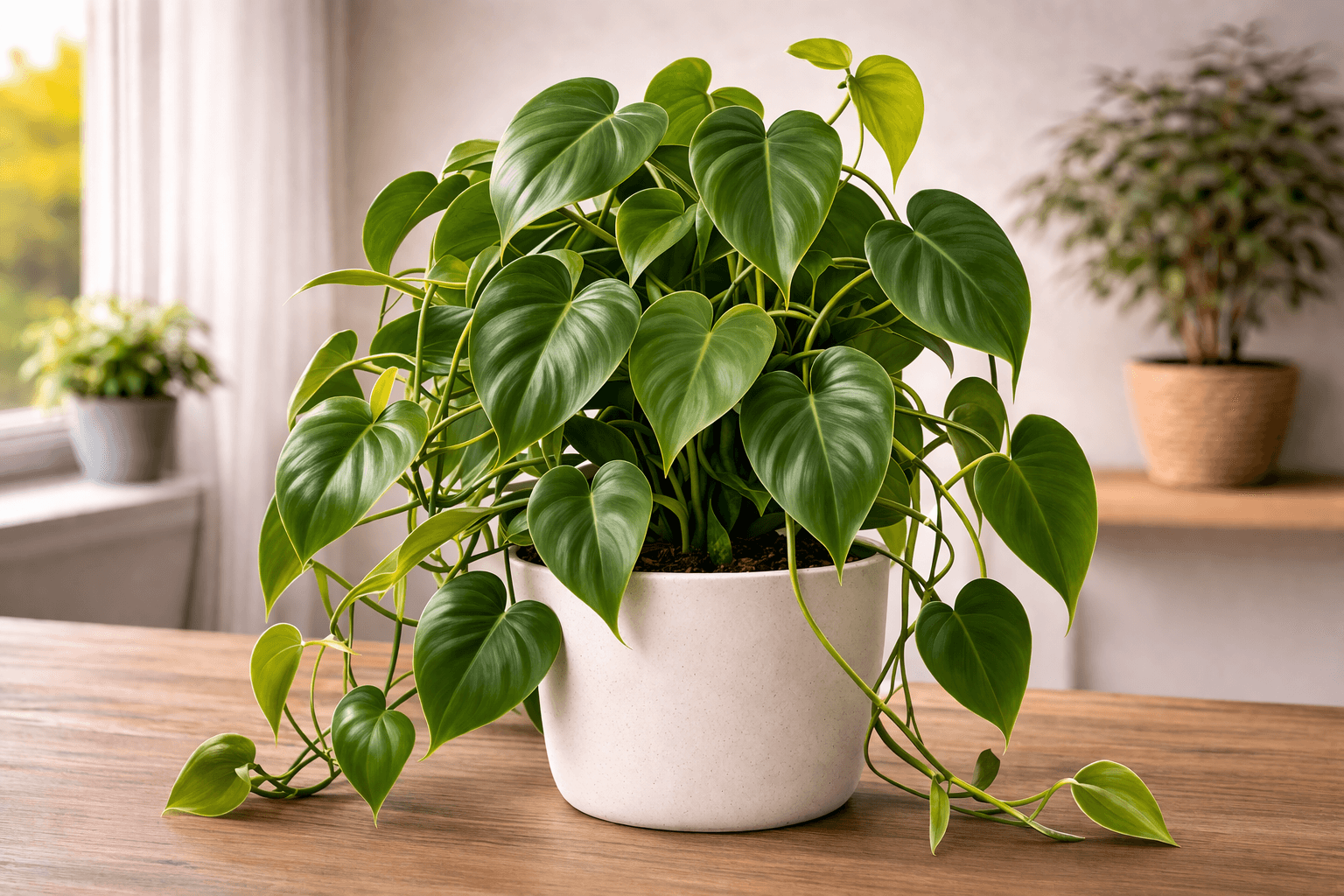 Lush heartleaf philodendron with trailing vines in a white pot