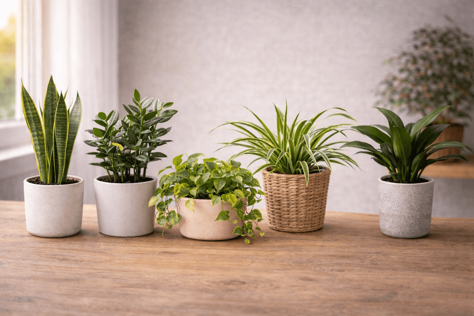 Hardy low-maintenance houseplants including pothos, snake plant, and ZZ plant