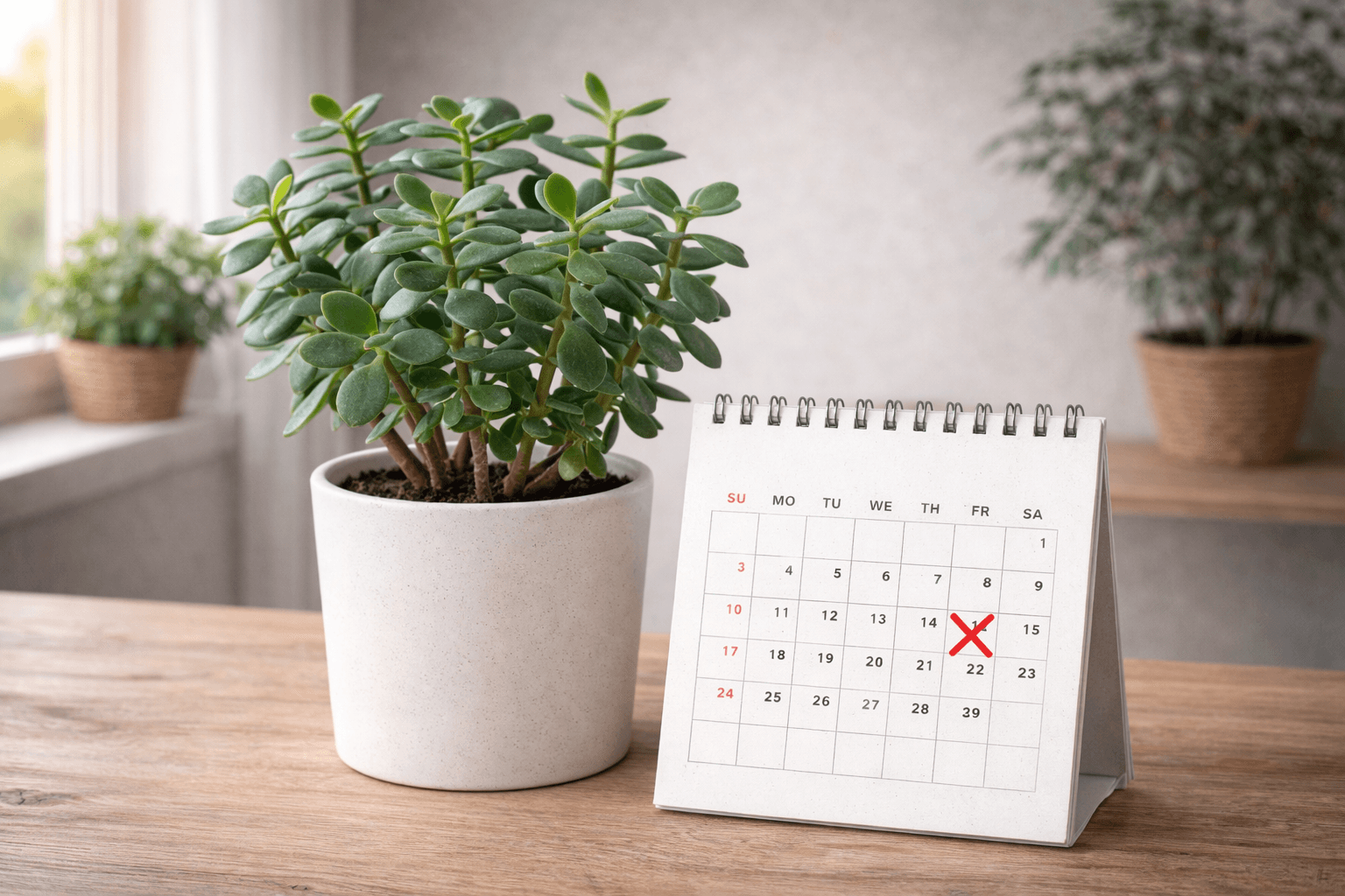 Calendar and watering can next to a collection of houseplants