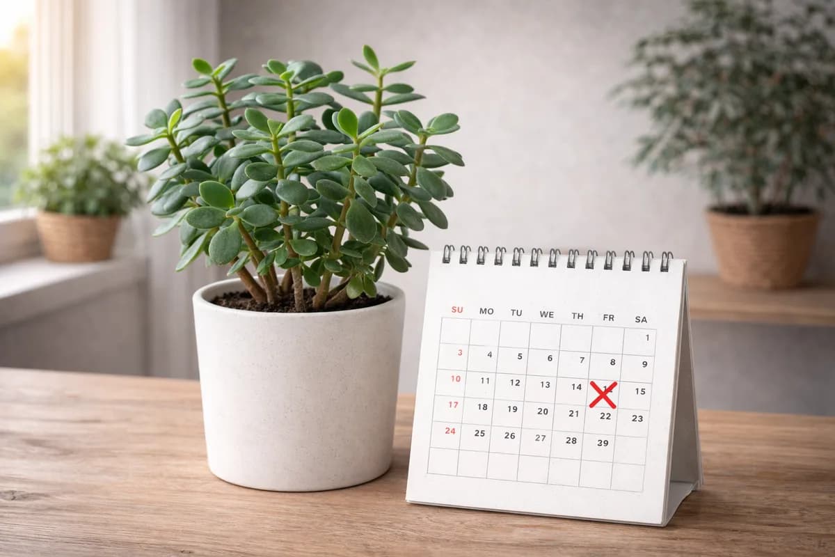 Calendar and watering can next to a collection of houseplants