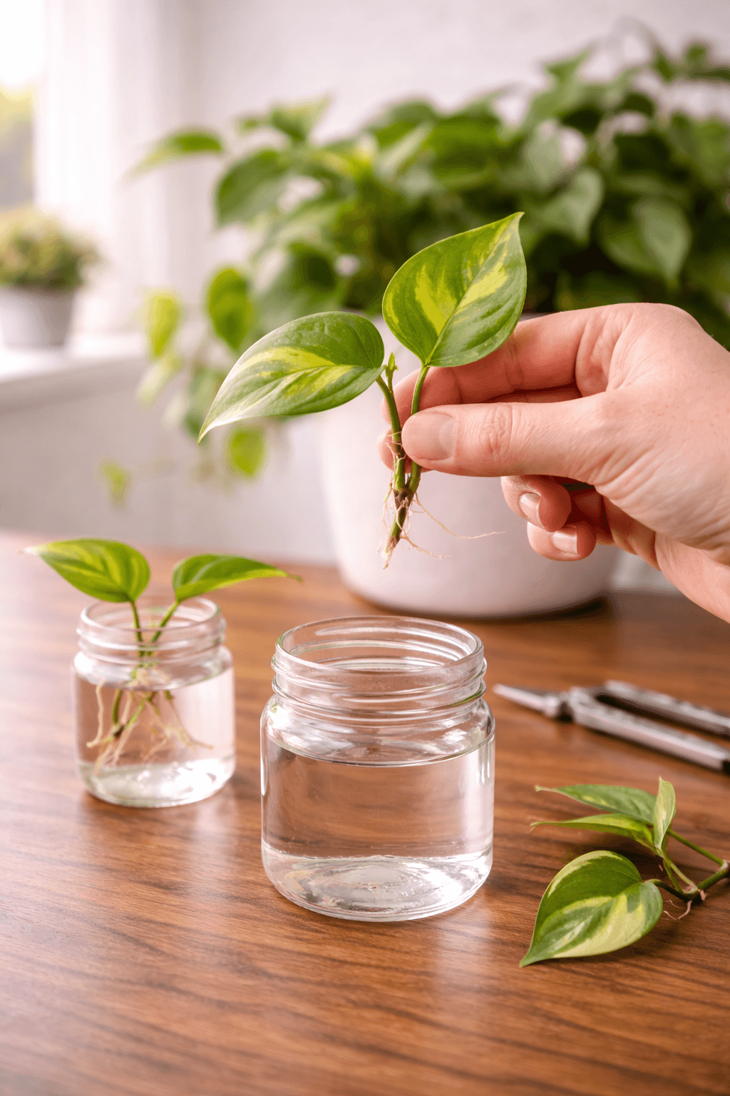 Plant cuttings rooting in glass jars of water on a windowsill