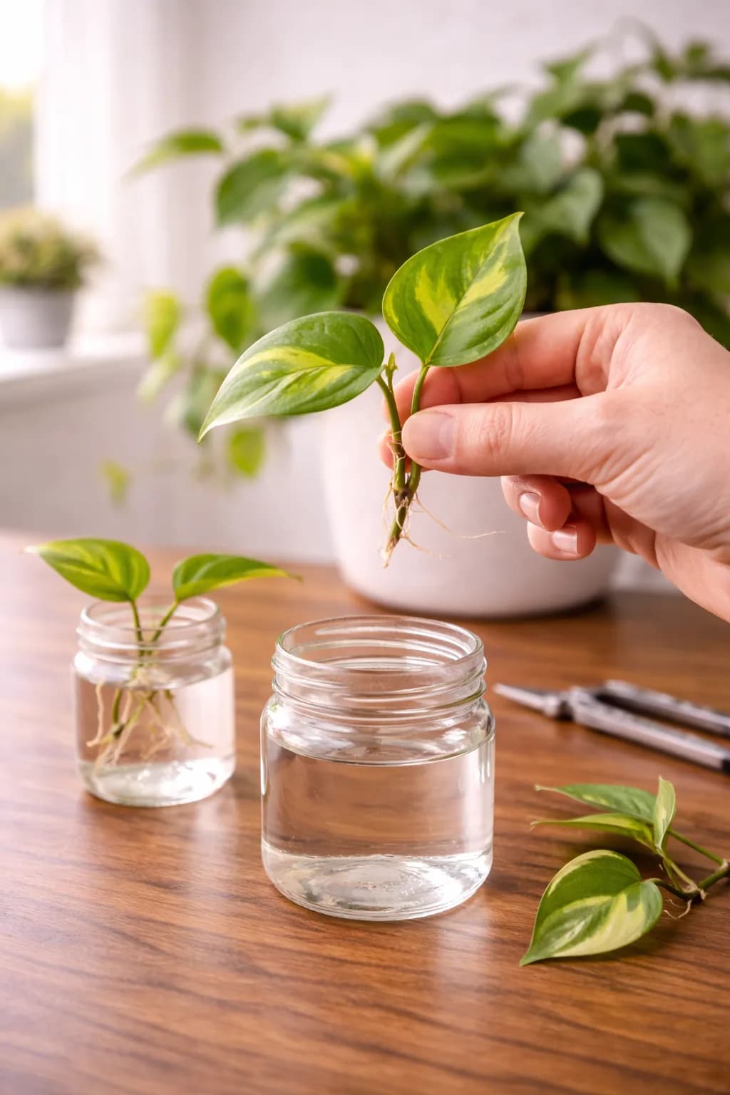 Plant cuttings rooting in glass jars of water on a windowsill