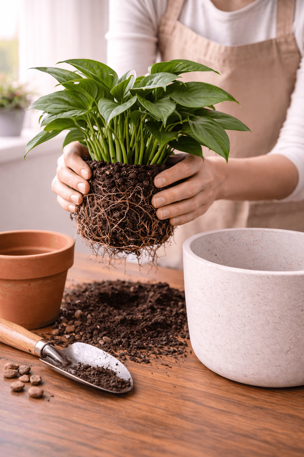 Hands repotting a houseplant into fresh soil with gardening tools nearby