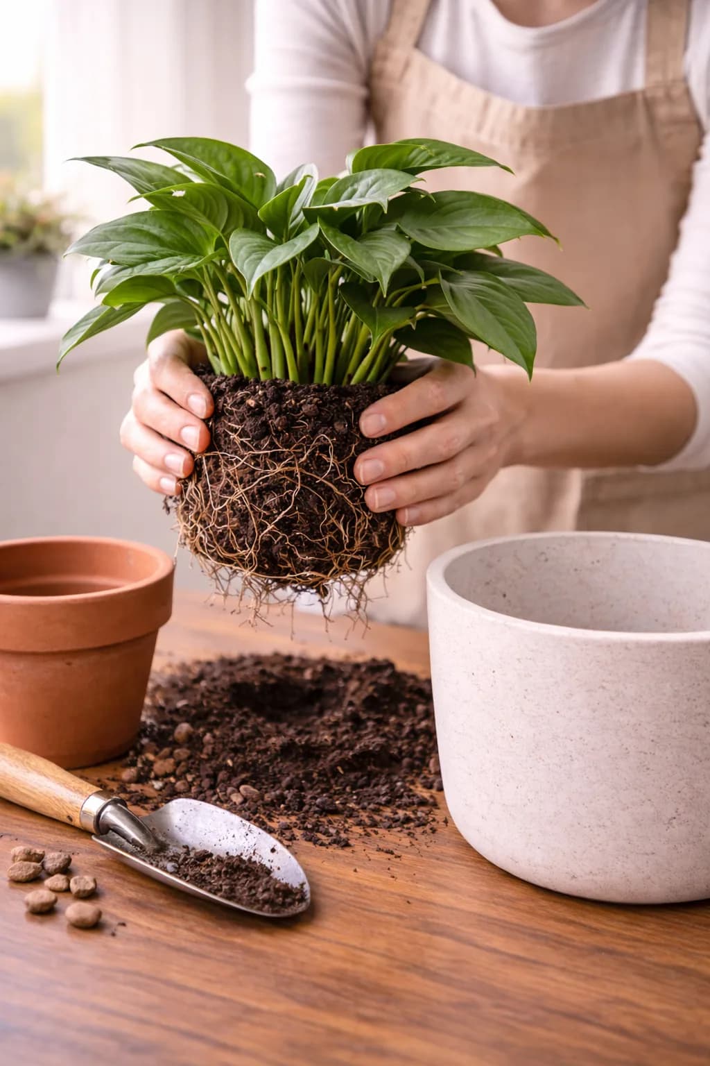 Hands repotting a houseplant into fresh soil with gardening tools nearby