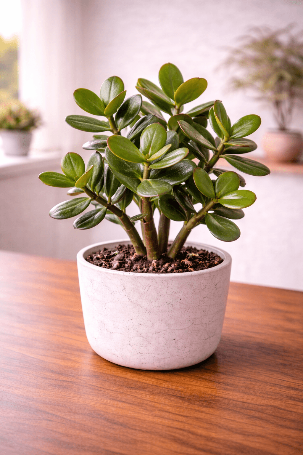 Jade plant with thick succulent leaves in natural light