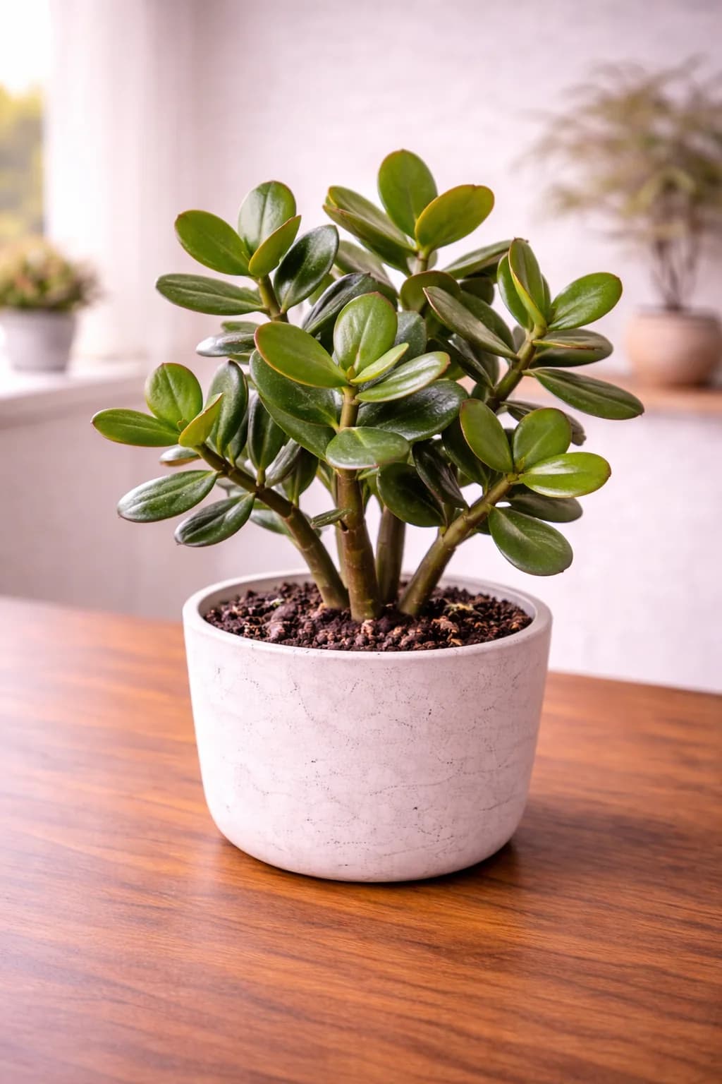 Jade plant with thick succulent leaves in natural light