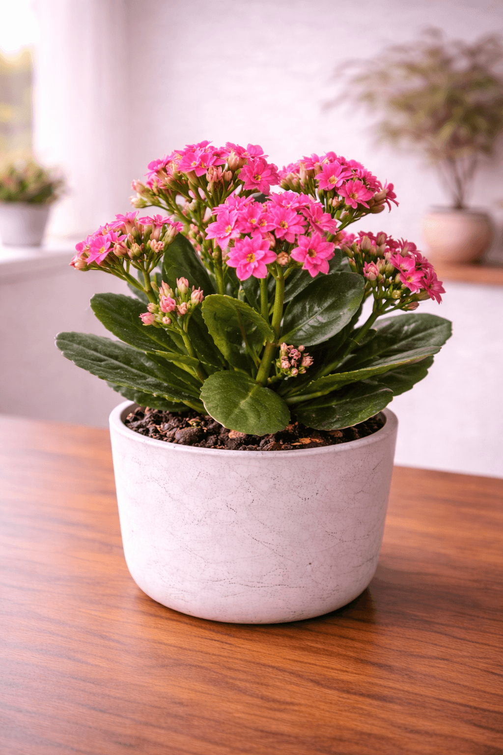 Kalanchoe succulent with bright red flower clusters in natural light