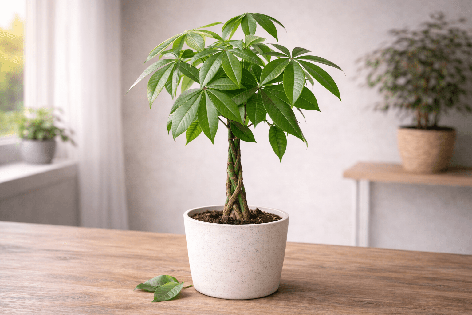 Money tree plant with braided trunk in an indoor setting