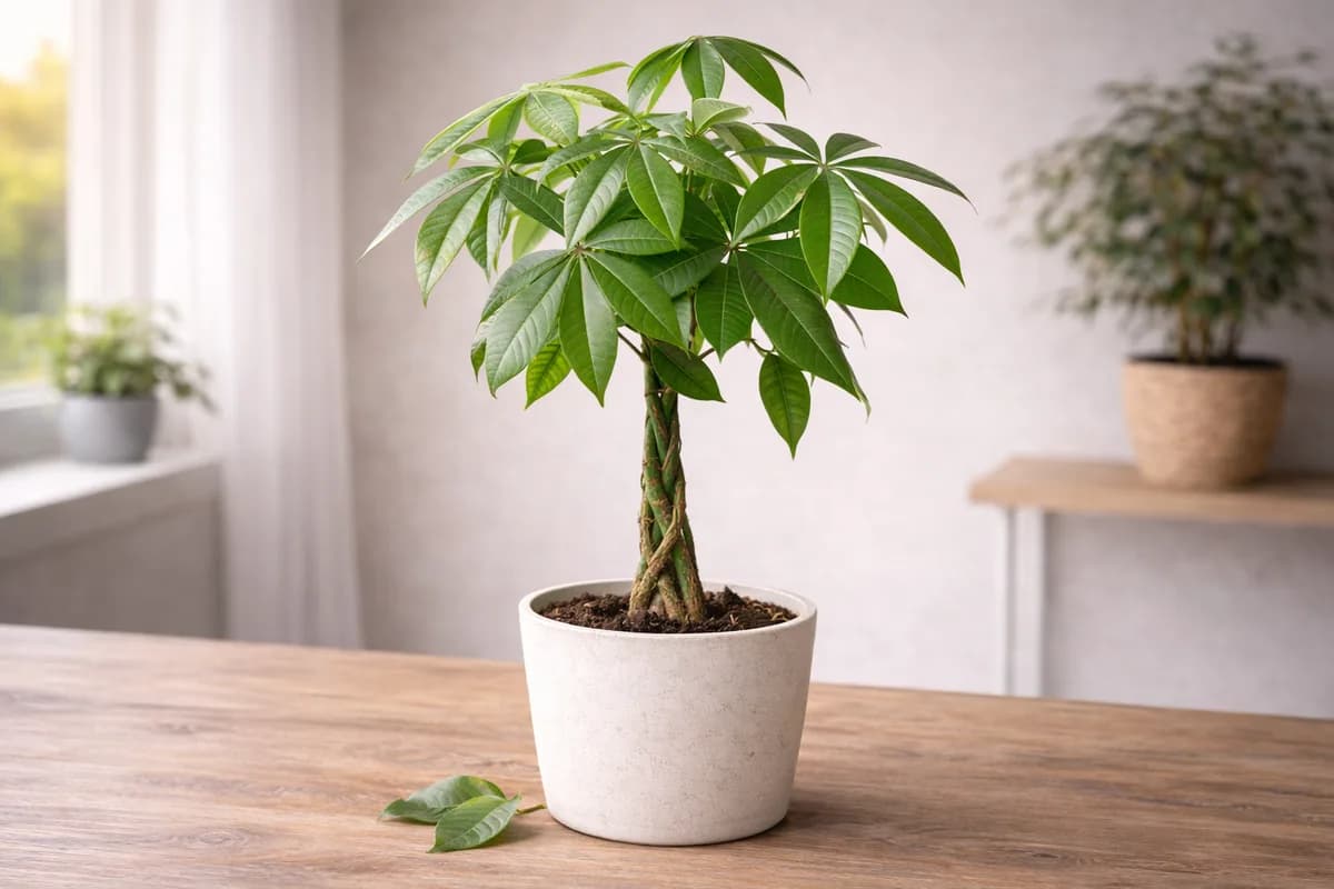 Money tree plant with braided trunk in an indoor setting