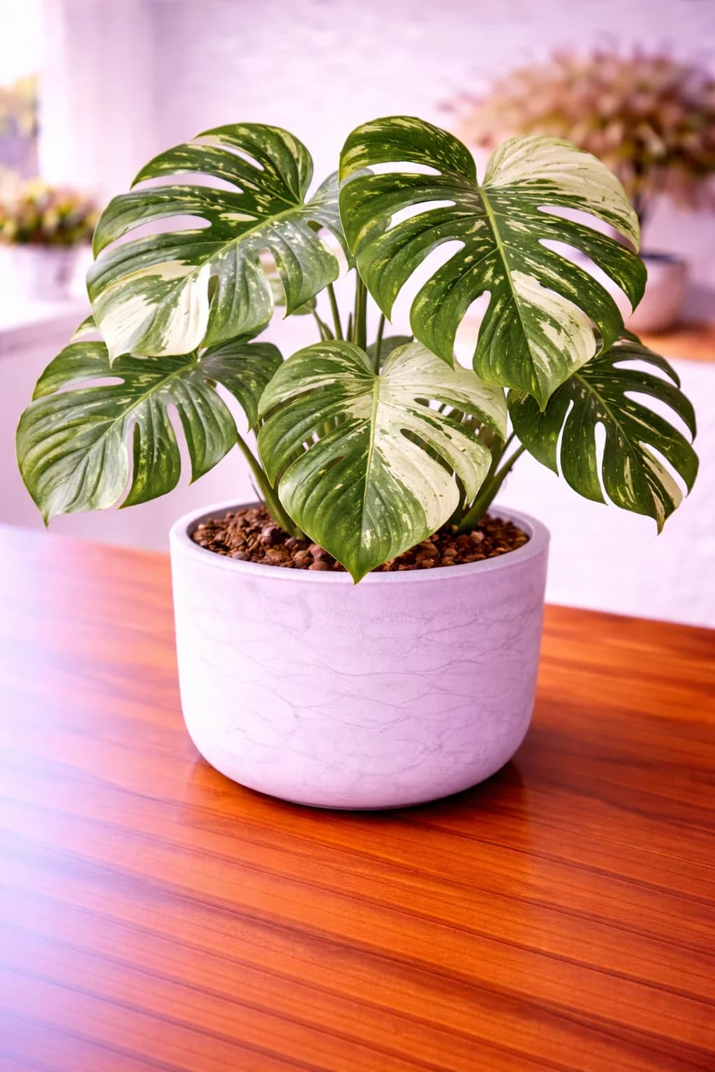 Variegated monstera albo with white and green leaves
