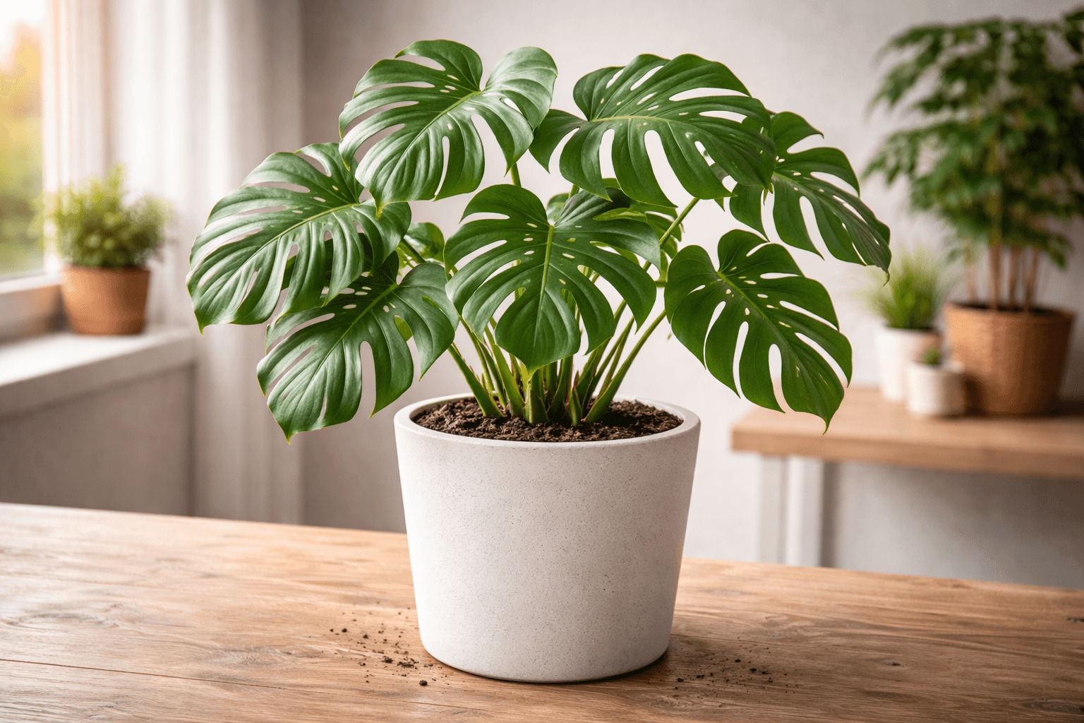 Healthy monstera deliciosa with large fenestrated leaves in a bright room