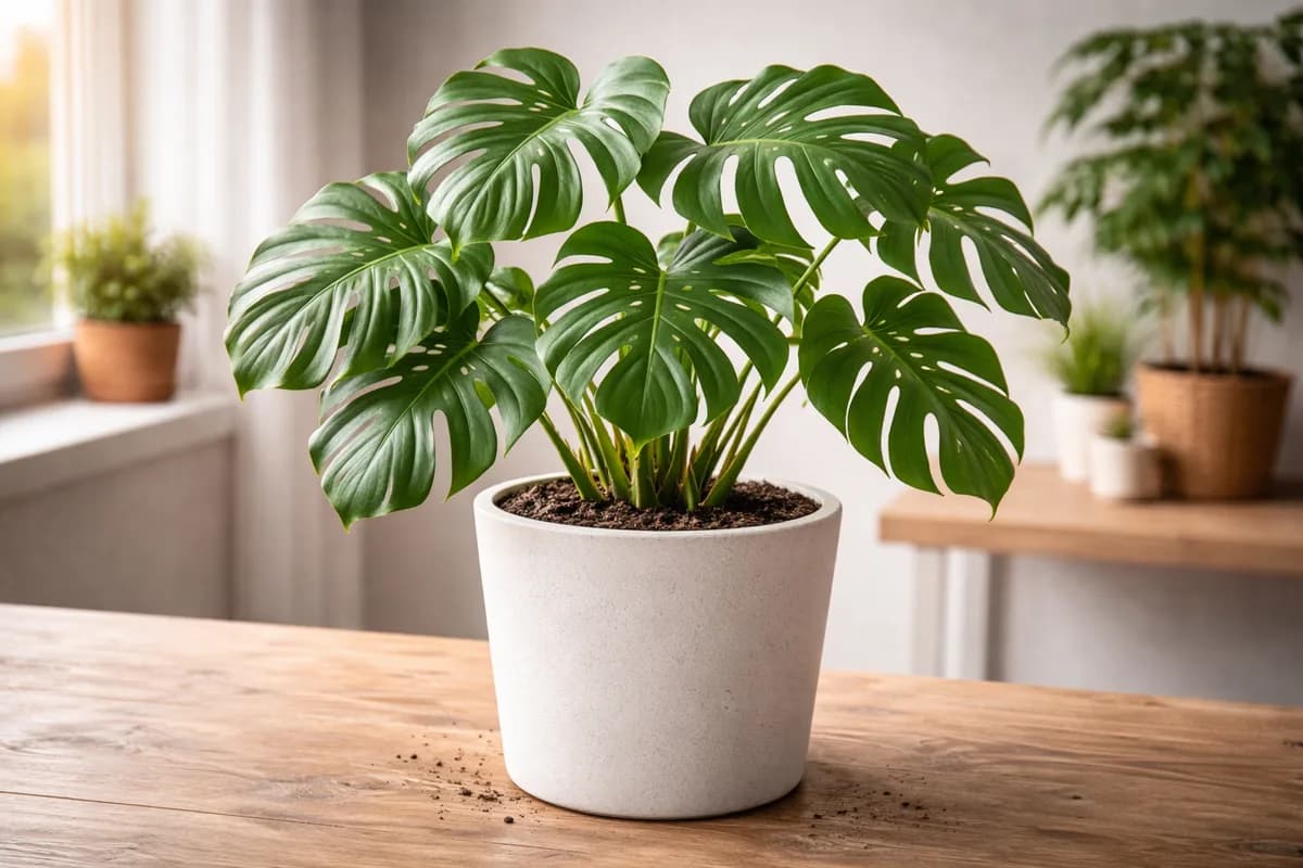 Lush monstera deliciosa with large fenestrated leaves in a bright living room