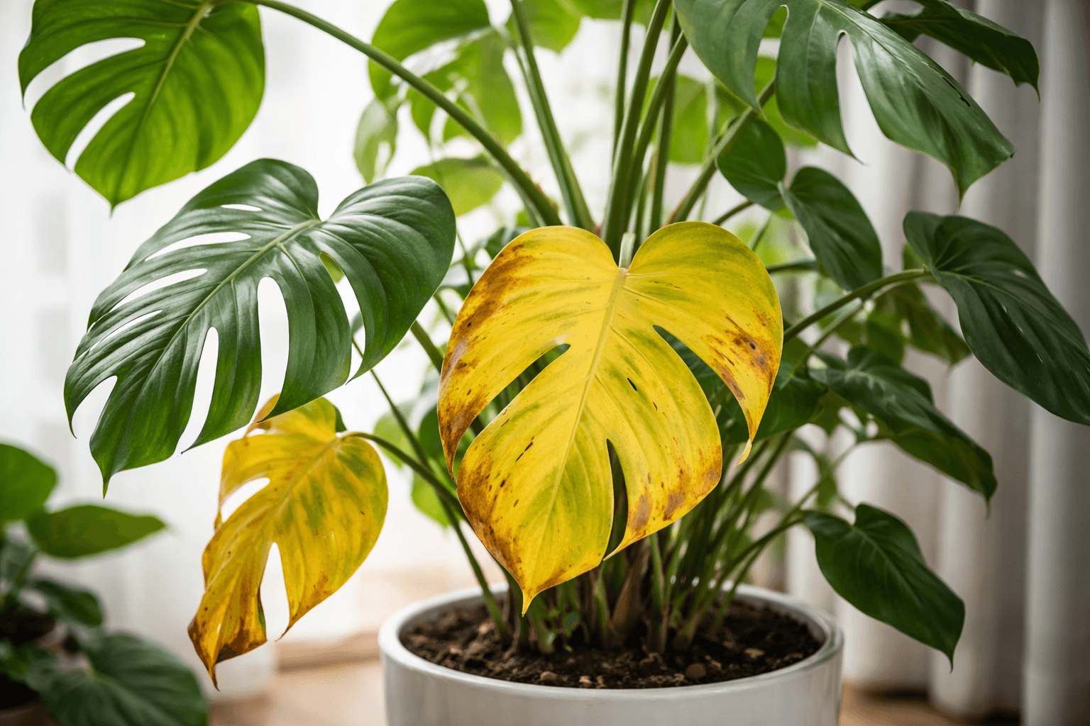 Monstera deliciosa leaf turning yellow from overwatering
