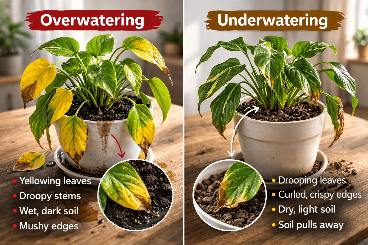 Side-by-side comparison of overwatered and underwatered houseplant leaves