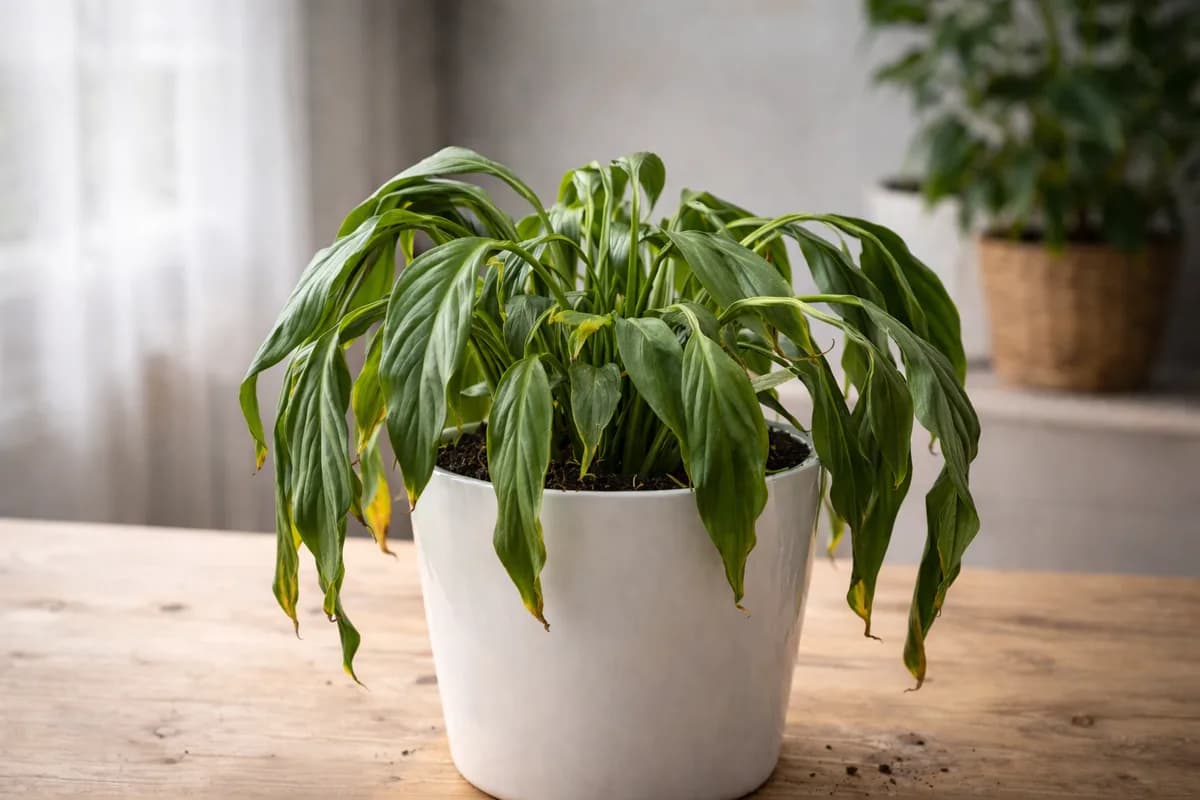 Drooping peace lily plant in a white pot
