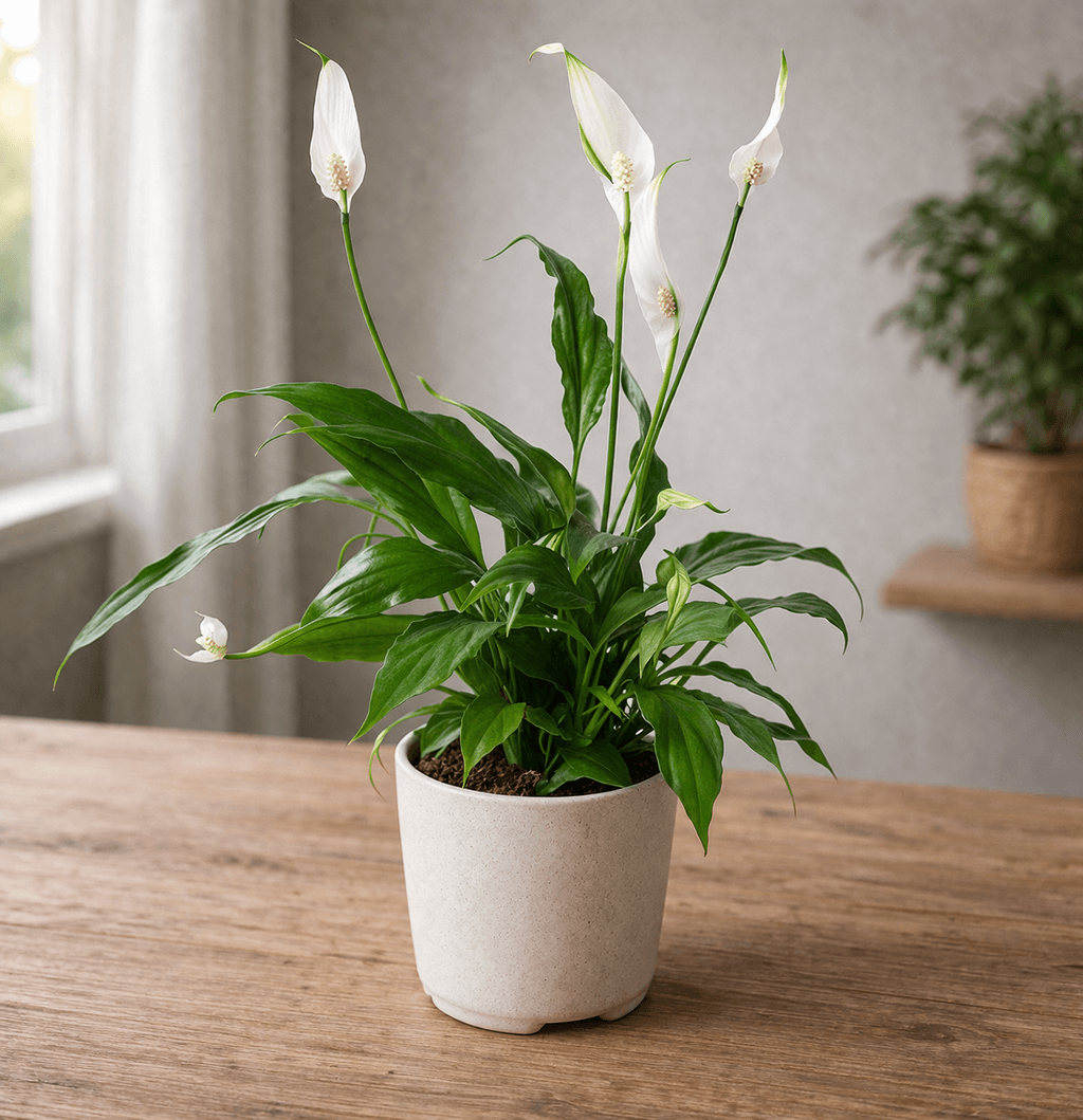 Peace lily with drooping leaves in a white pot