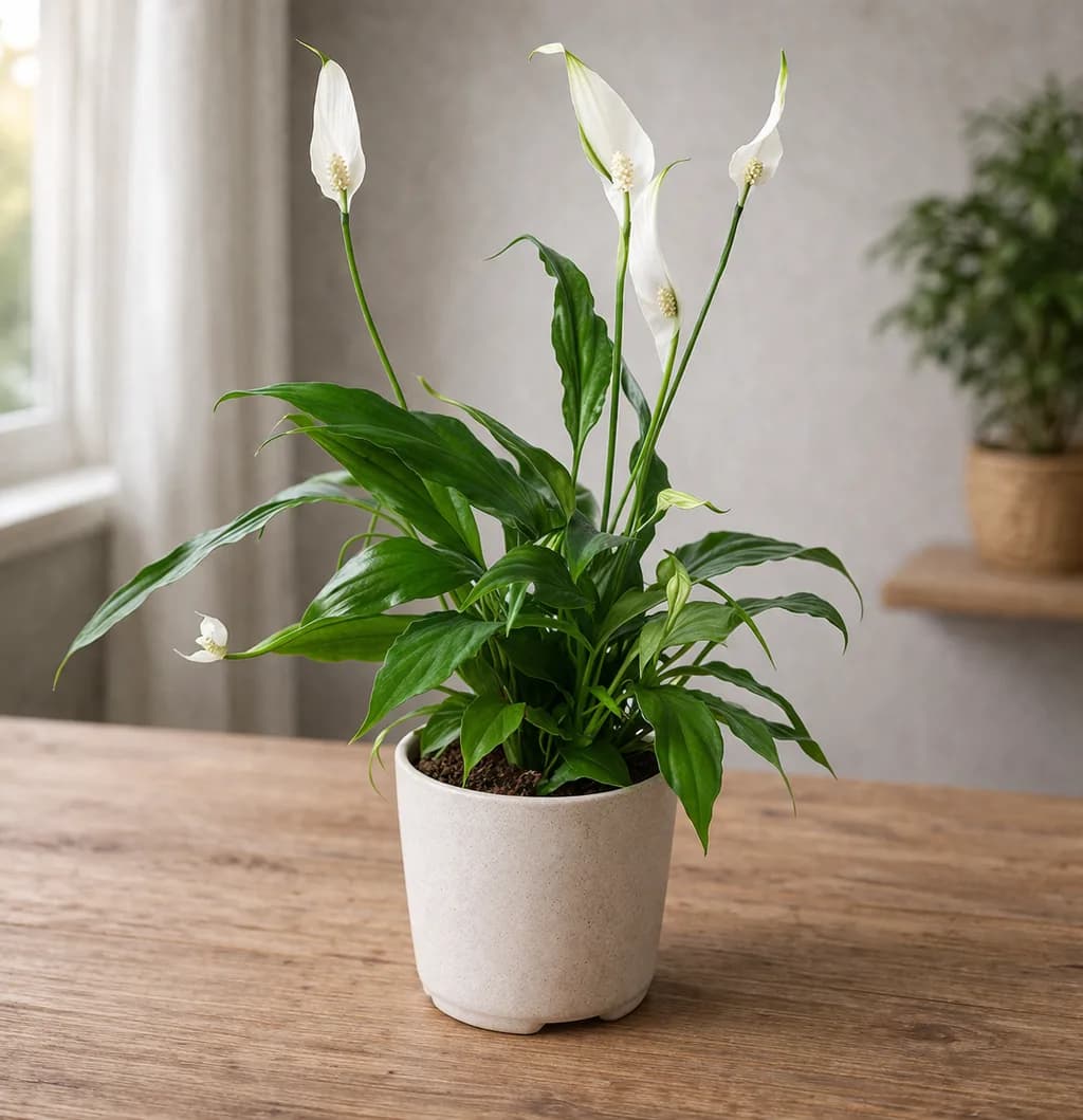 Peace lily with drooping leaves in a white pot