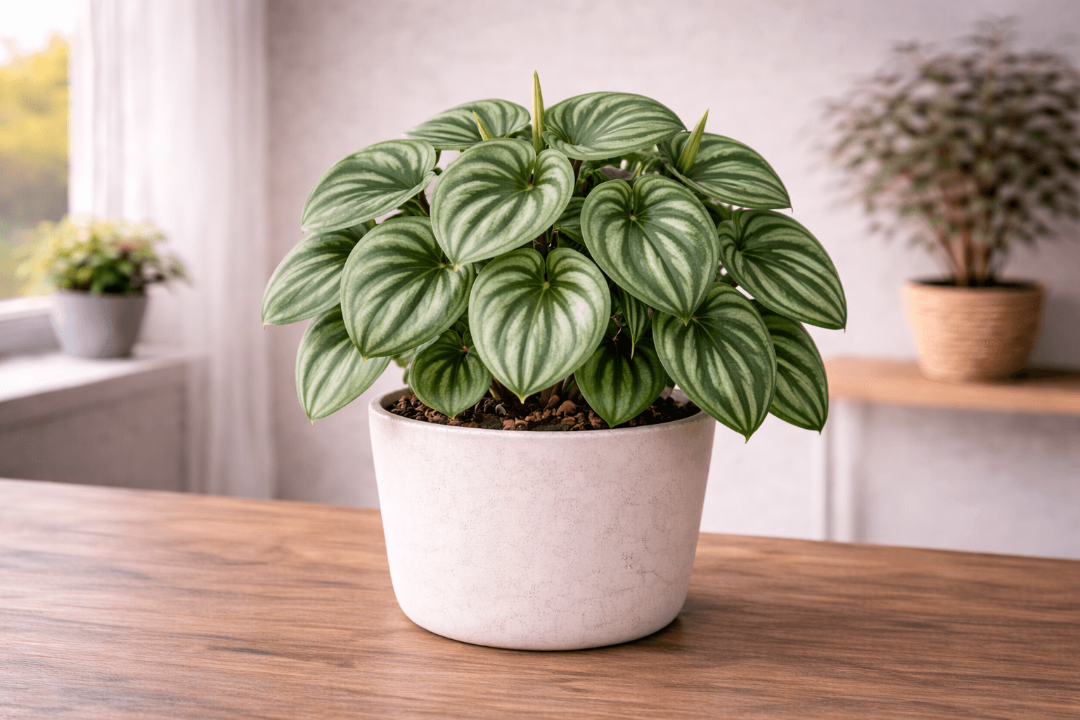 Watermelon peperomia with patterned round leaves in natural light