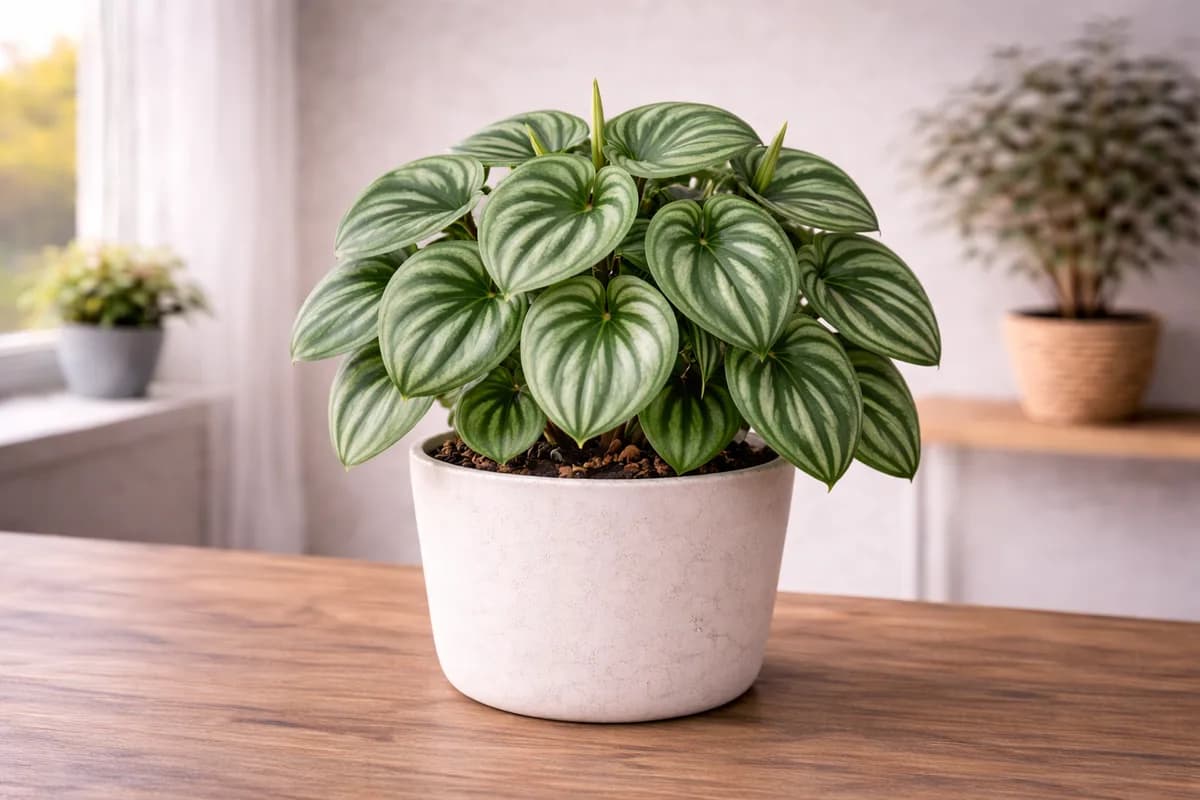 Watermelon peperomia with patterned round leaves in natural light