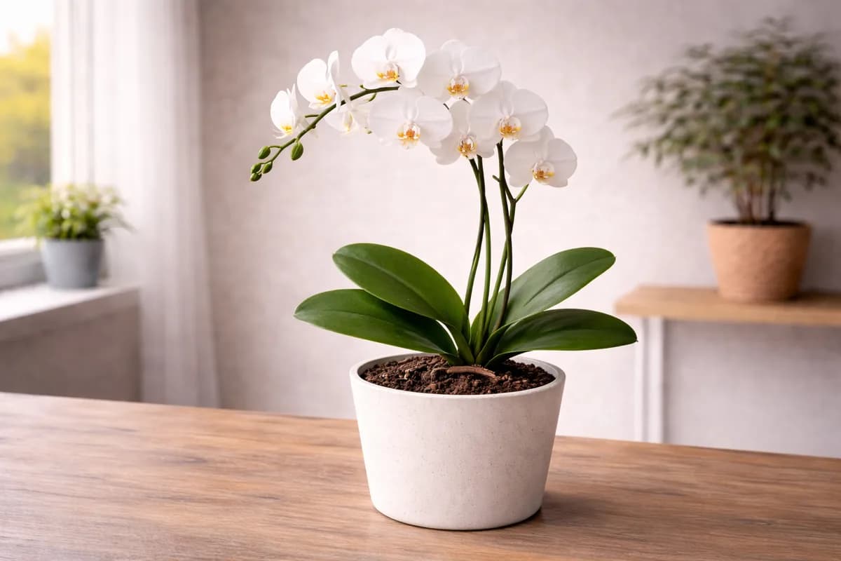Elegant white moth orchid in bloom indoors