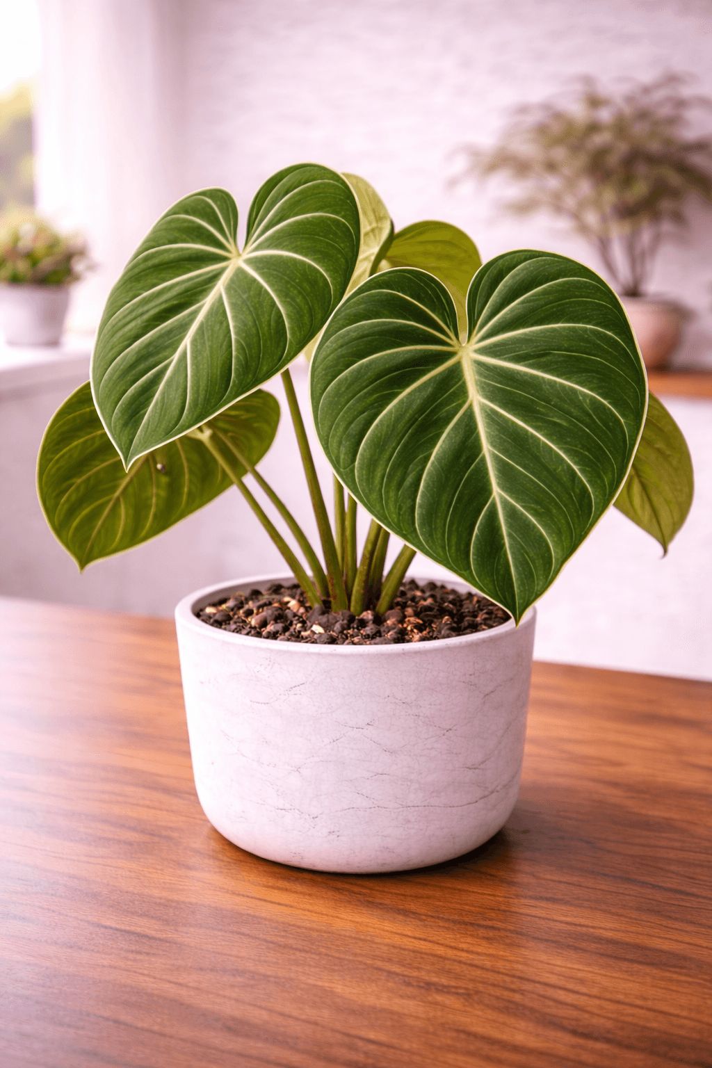 Philodendron Gloriosum with velvety heart-shaped green leaves and luminous white veins