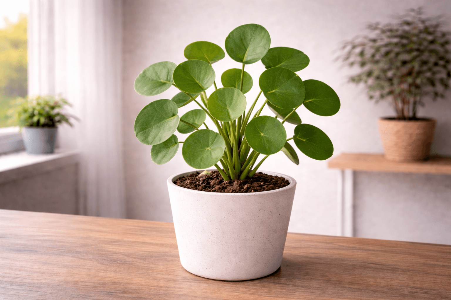 Chinese money plant with round green leaves in natural light