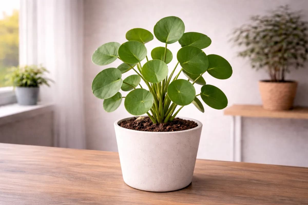 Chinese money plant with round green leaves in natural light