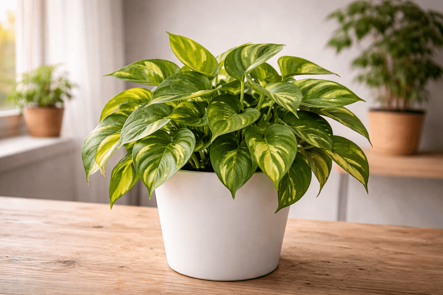 Trailing pothos plant with vibrant green and gold variegated leaves