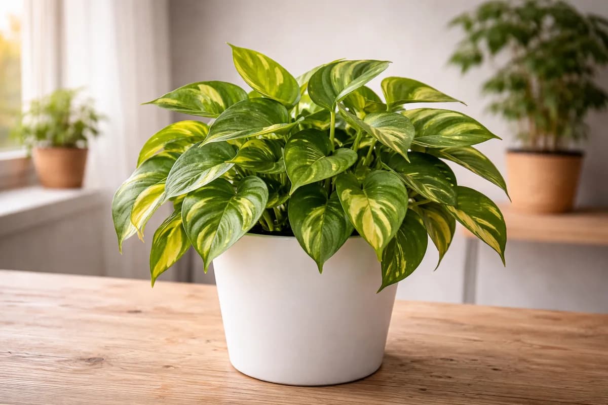 Trailing pothos plant with vibrant green and gold variegated leaves