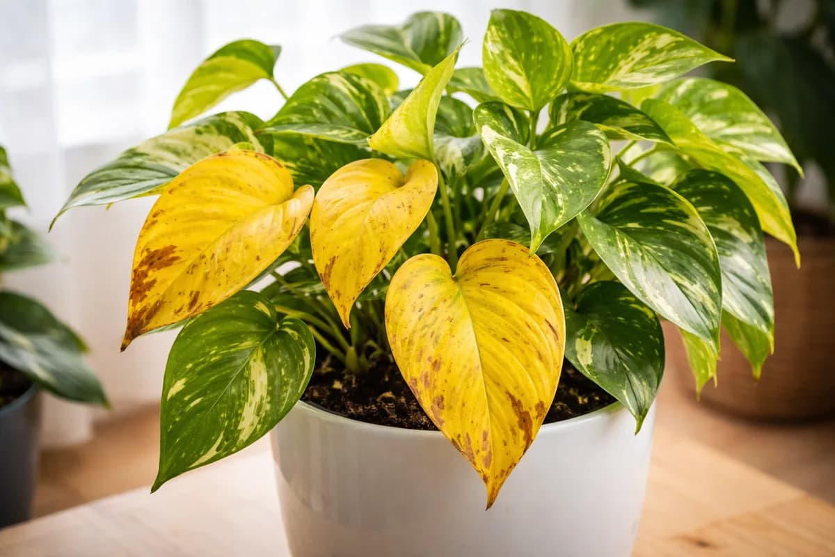 Golden pothos vine with yellowing leaves on a shelf